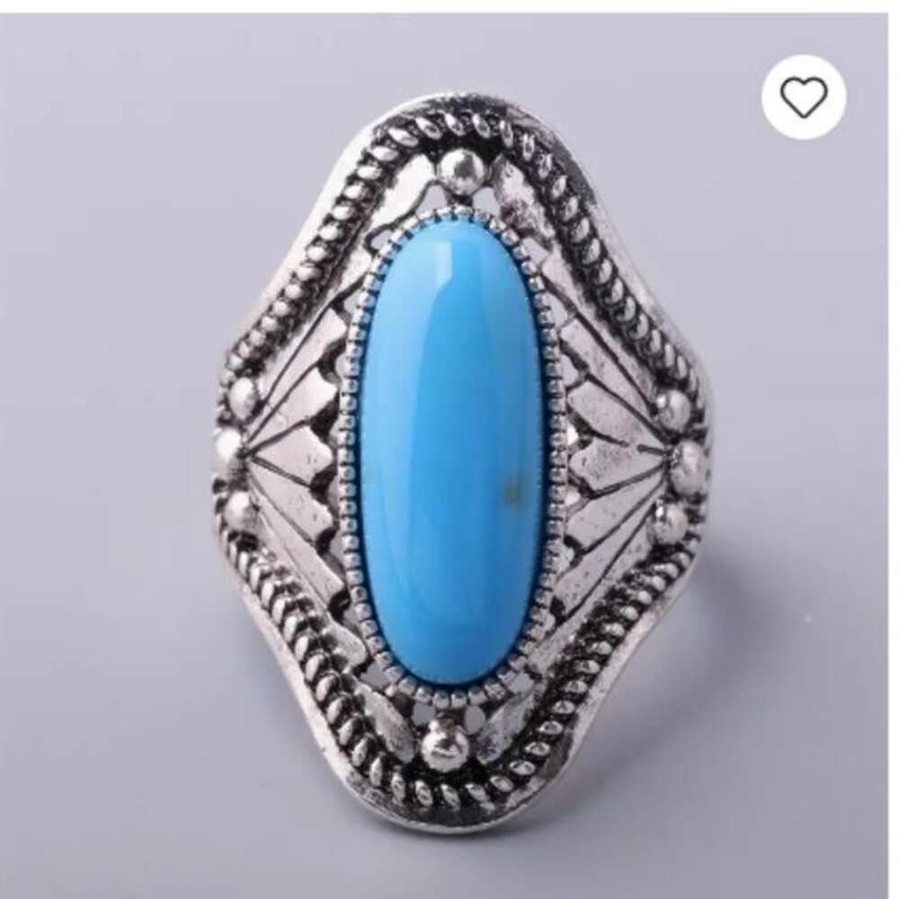 Southwestern Textured Blue silver Long Oval Ring size 7 Bohemian *